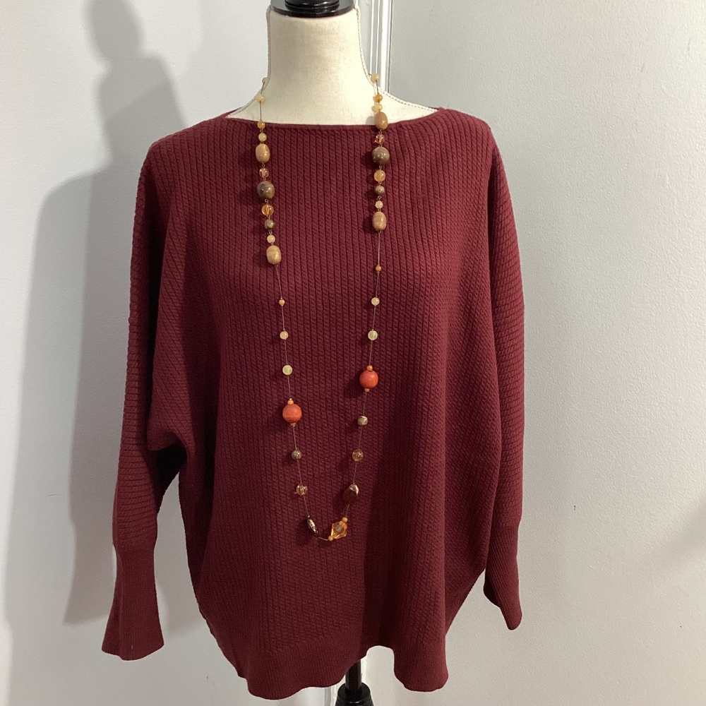 NWT T TAHARI WOMAN PLUS 3X BURGUNDI BABY CABLE KNIT SWEATER BOAT NECK LIGHTWEGHT